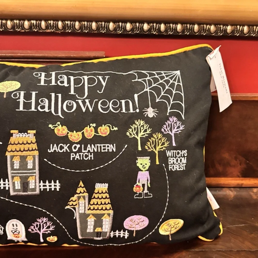 Isaac Mizrahi Halloween Pillow NWT Embroidered Spooky Village Lumbar Black
